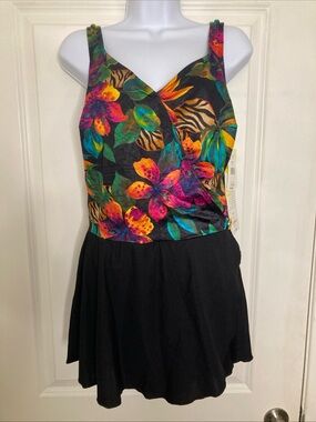 Longitude Womens Tiered Tropical Floral One Piece Swim Dress Black Multi Size 18
